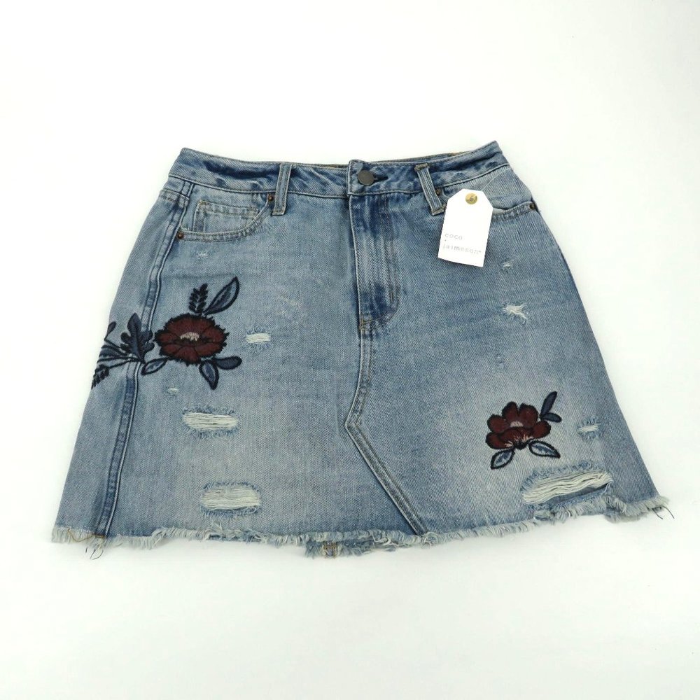 Coco Jaimeson Women's Blue Denim Embroidered Skirt 25 NWT $60